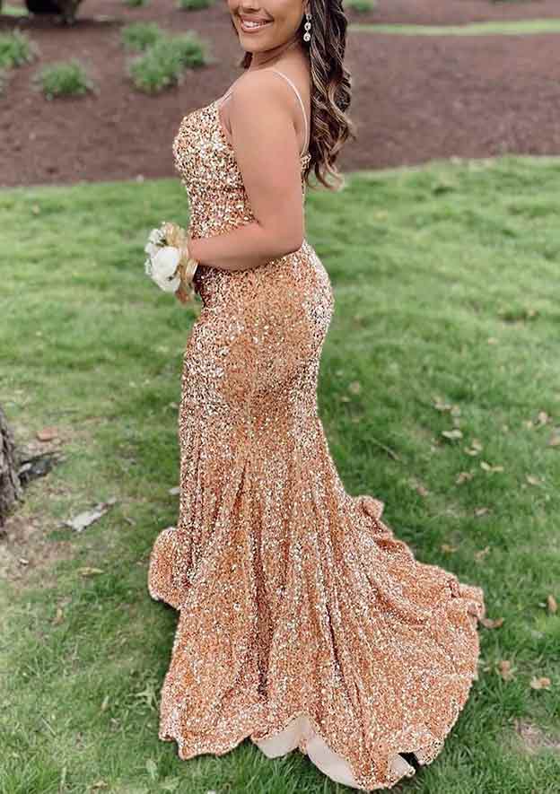 Elegant Velvet Sequined Trumpet/Mermaid V-Neck Sleeveless Court Train Prom Dress/Evening Dress - Fashionpara