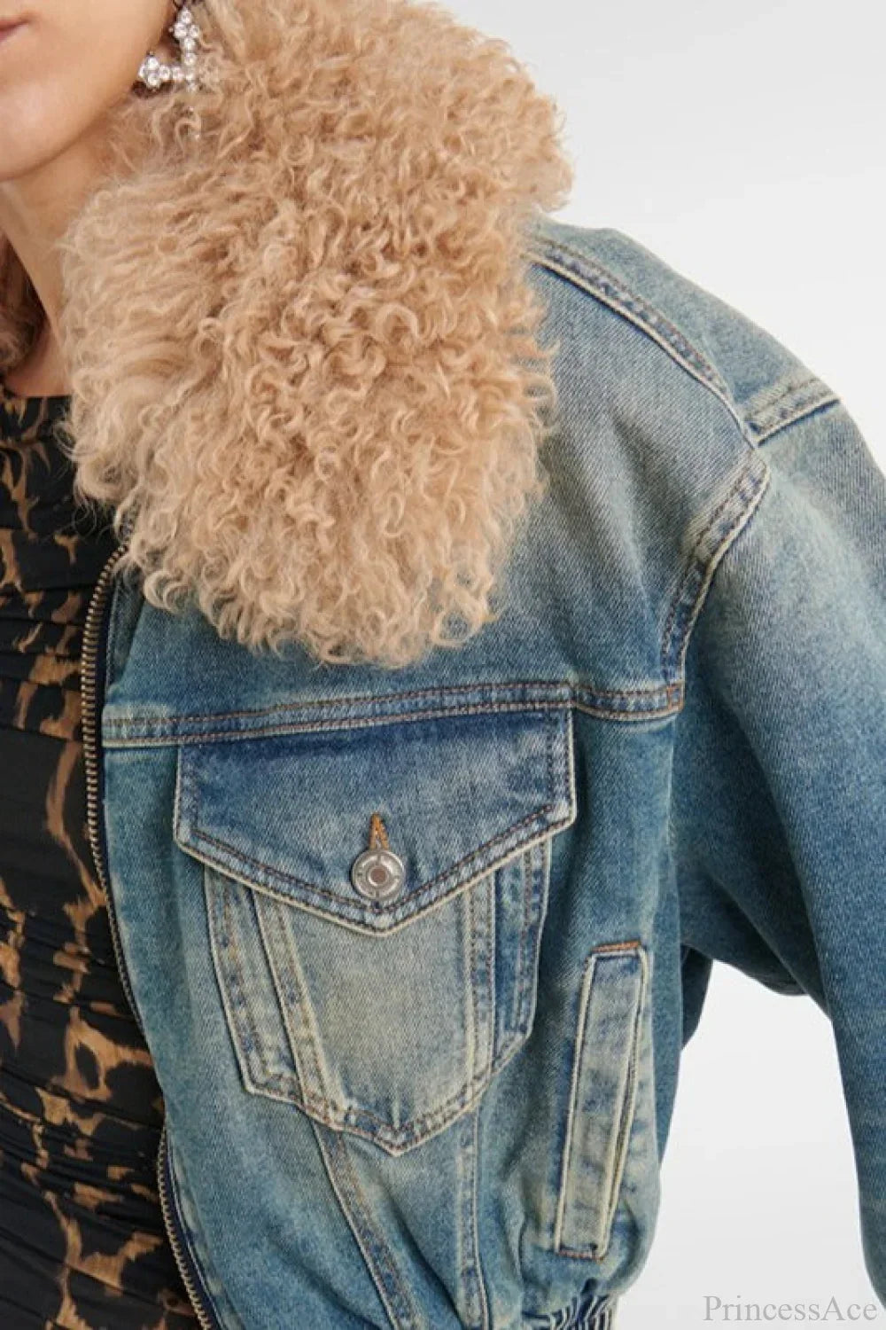 Elegant Zip Short Fur Collar Quilted Denim Jacket
