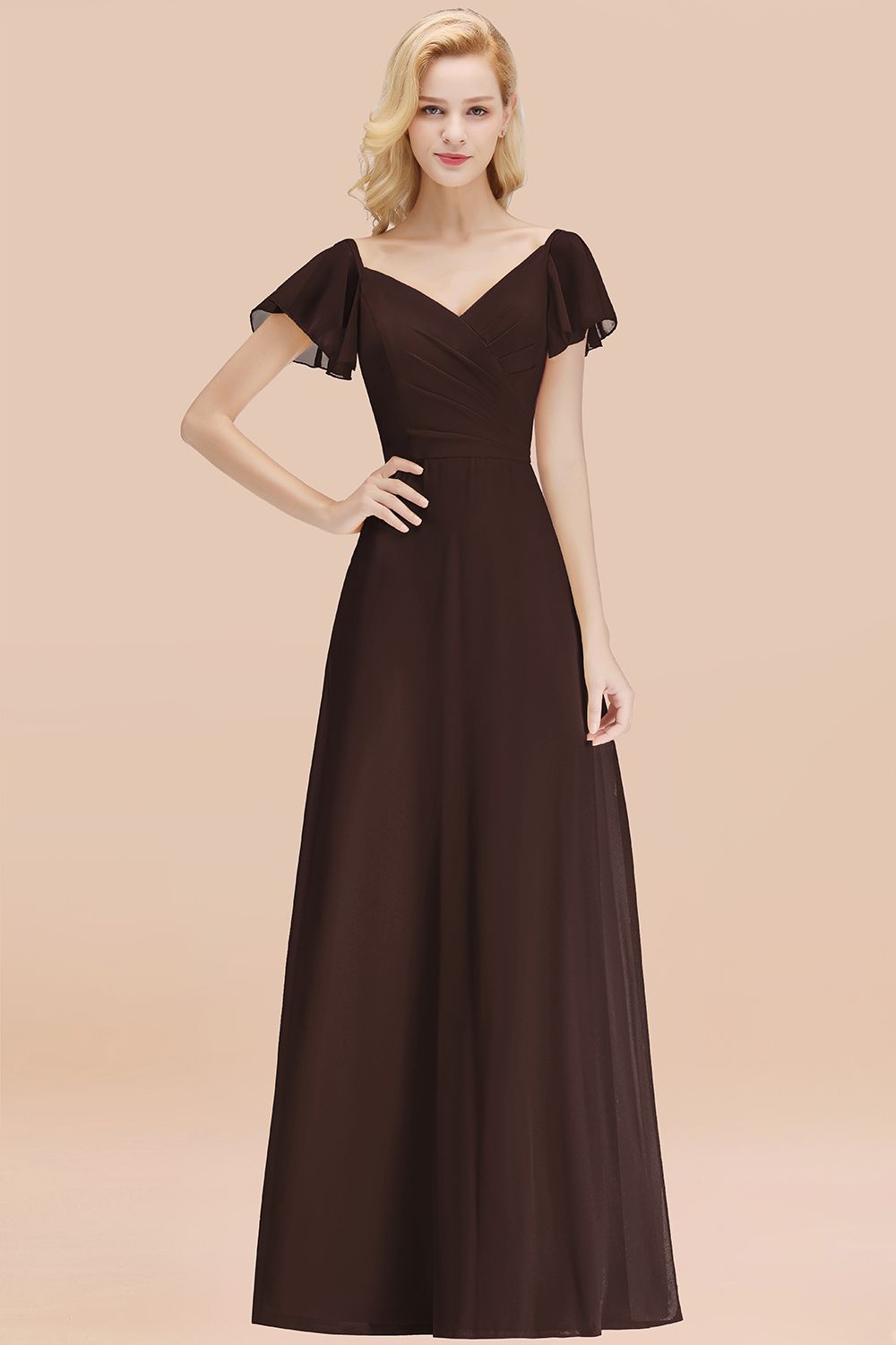 Elegent Short-Sleeve Long Bridesmaid Dresses Yellow Chiffon Wedding Party Dress - Fashionpara