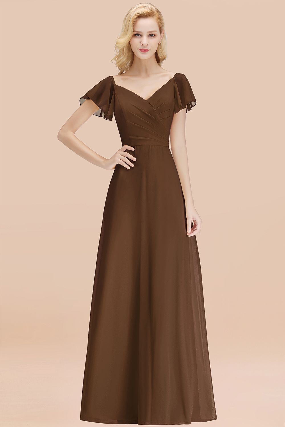 Elegent Short-Sleeve Long Bridesmaid Dresses Yellow Chiffon Wedding Party Dress - Fashionpara