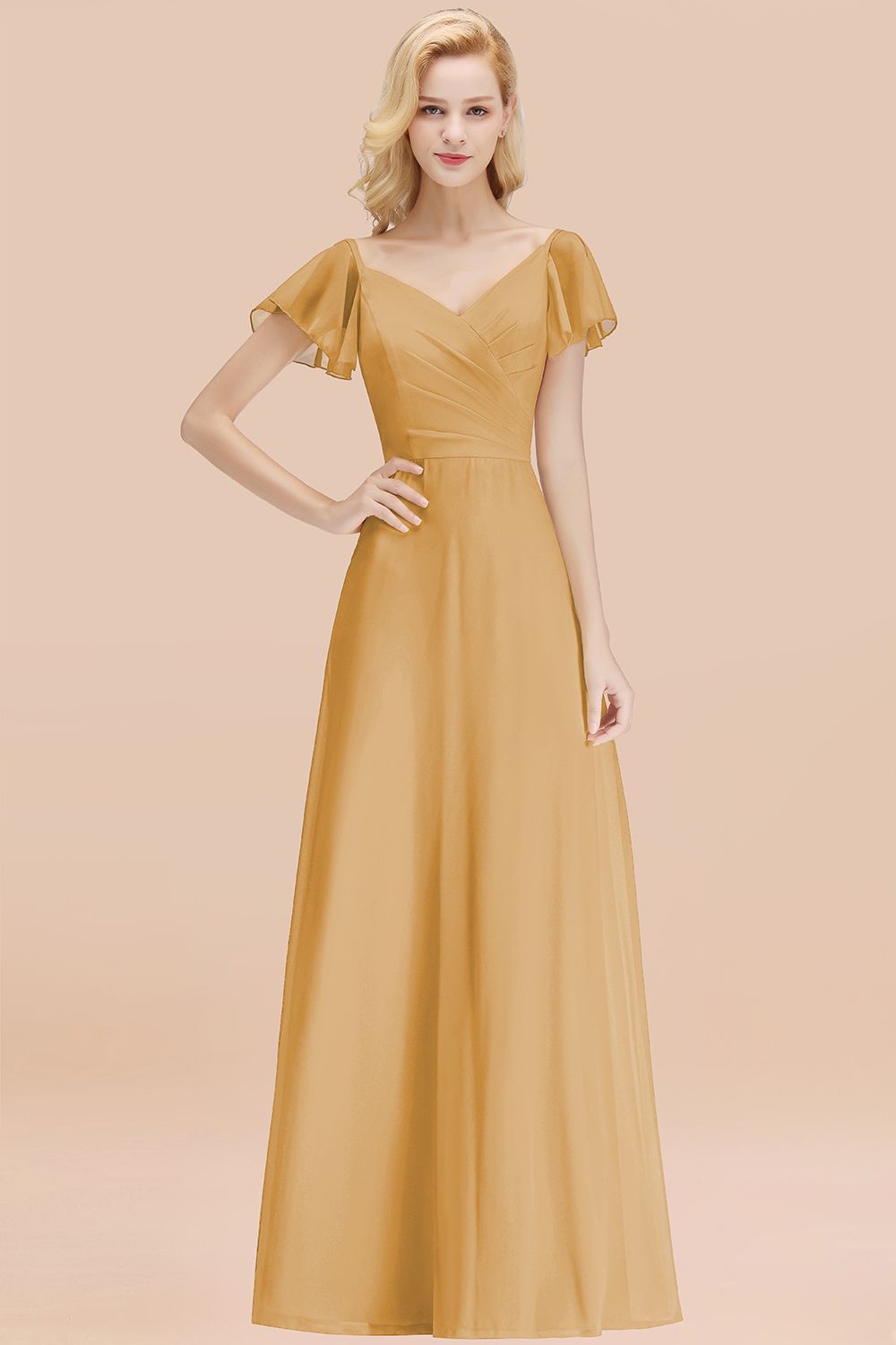 Elegent Short-Sleeve Long Bridesmaid Dresses Yellow Chiffon Wedding Party Dress - Fashionpara