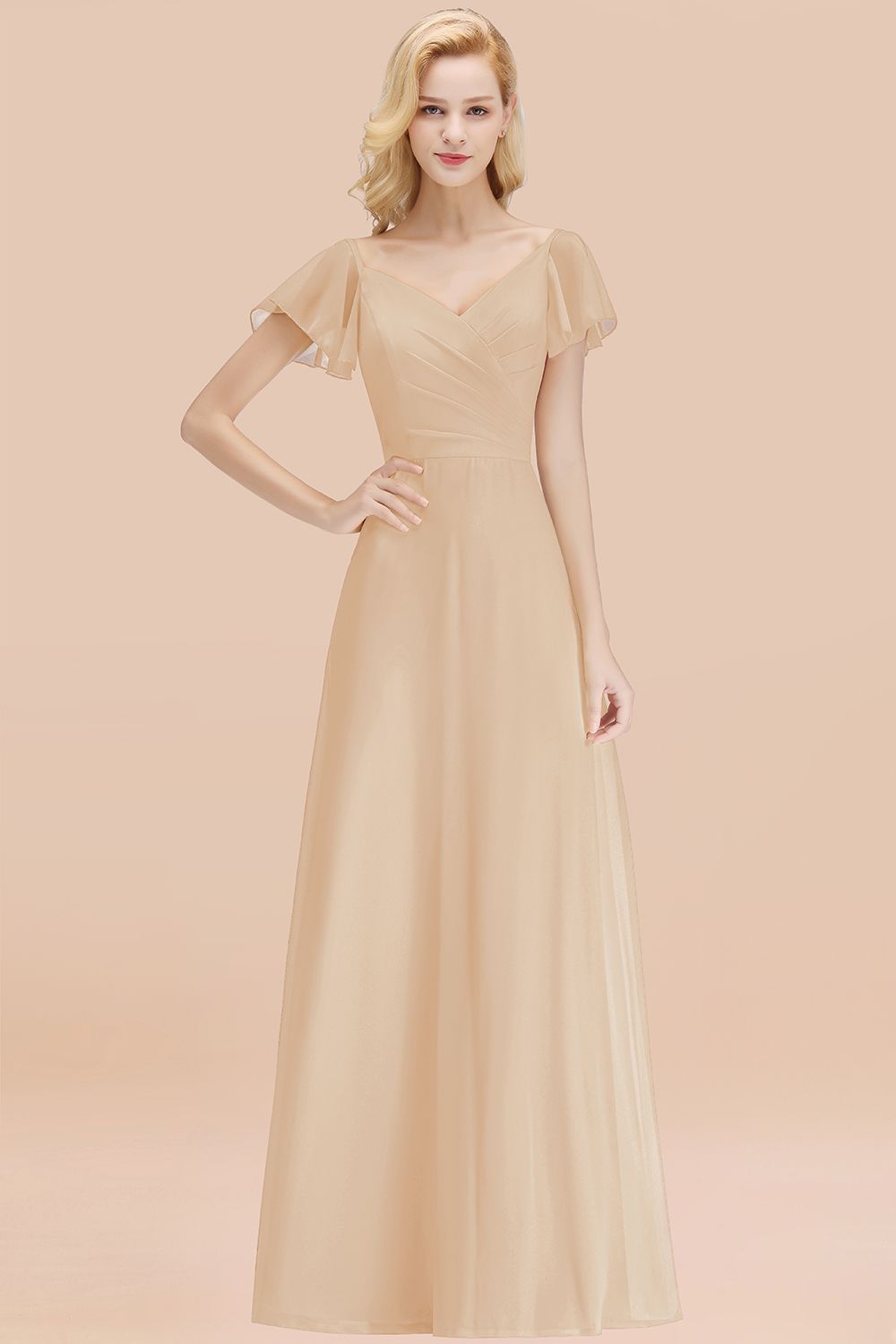 Elegent Short-Sleeve Long Bridesmaid Dresses Yellow Chiffon Wedding Party Dress - Fashionpara