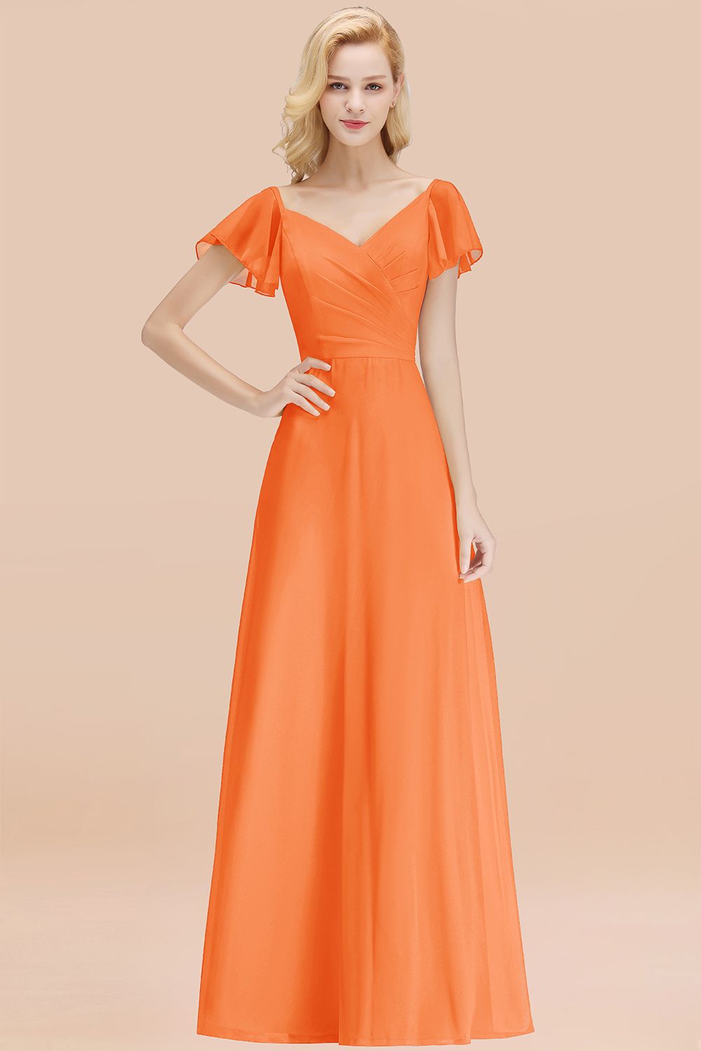 Elegent Short-Sleeve Long Bridesmaid Dresses Yellow Chiffon Wedding Party Dress - Fashionpara