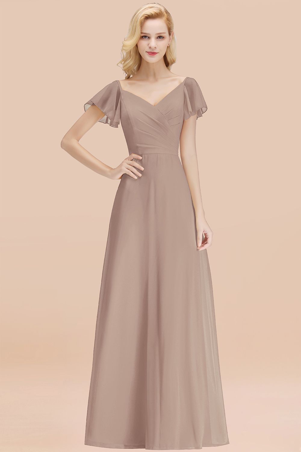 Elegent Short-Sleeve Long Bridesmaid Dresses Yellow Chiffon Wedding Party Dress - Fashionpara