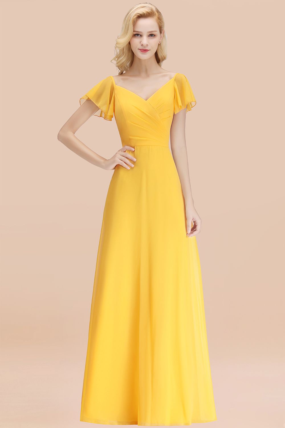 Elegent Short-Sleeve Long Bridesmaid Dresses Yellow Chiffon Wedding Party Dress - Fashionpara