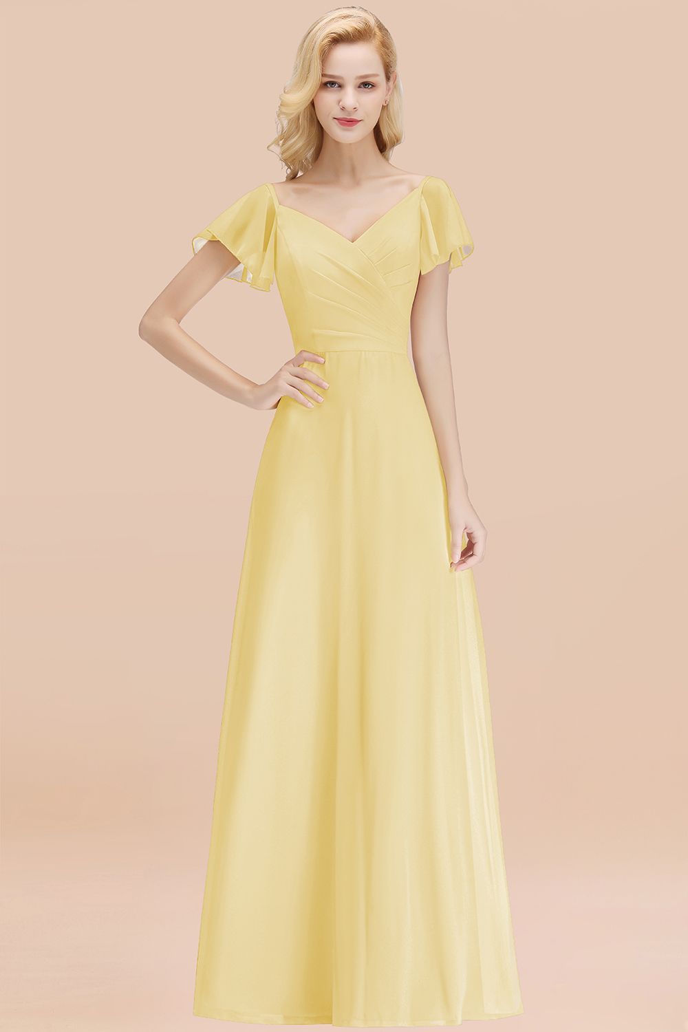 Elegent Short-Sleeve Long Bridesmaid Dresses Yellow Chiffon Wedding Party Dress - Fashionpara