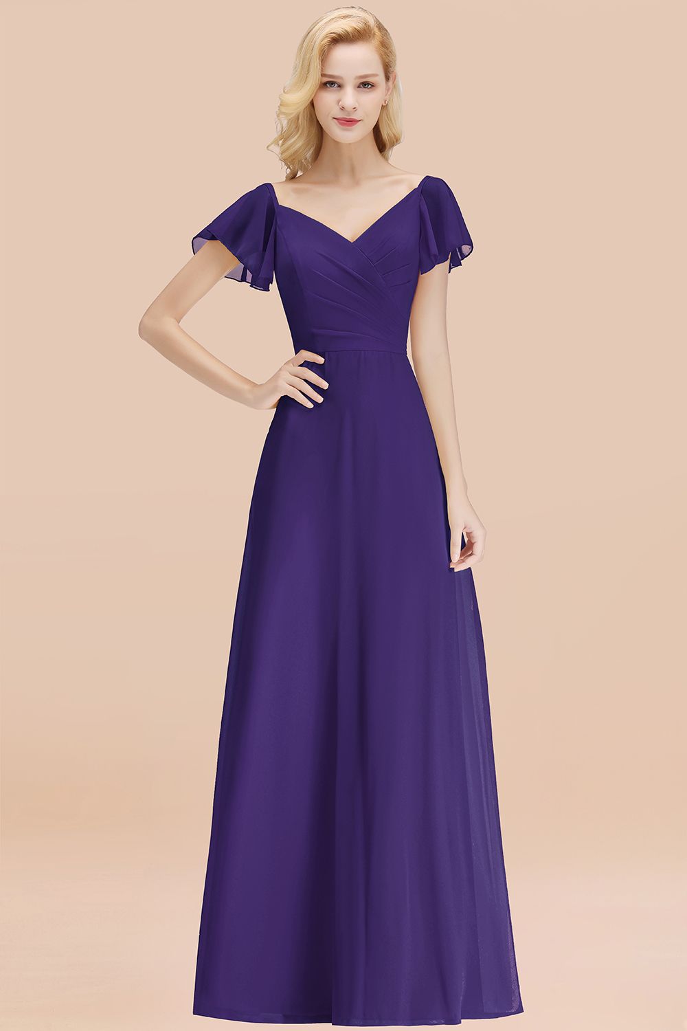 Elegent Short-Sleeve Long Bridesmaid Dresses Yellow Chiffon Wedding Party Dress - Fashionpara