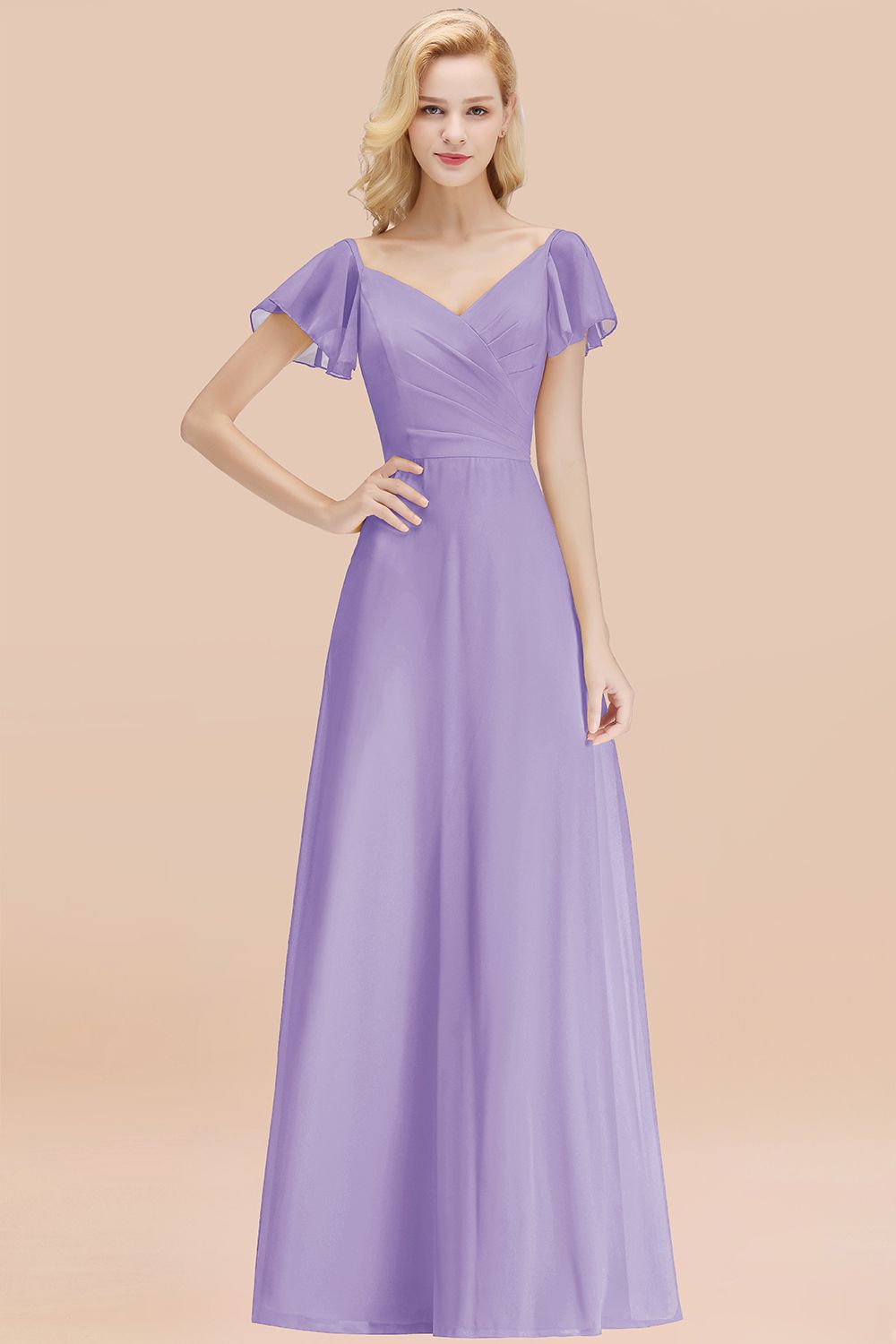 Elegent Short-Sleeve Long Bridesmaid Dresses Yellow Chiffon Wedding Party Dress - Fashionpara