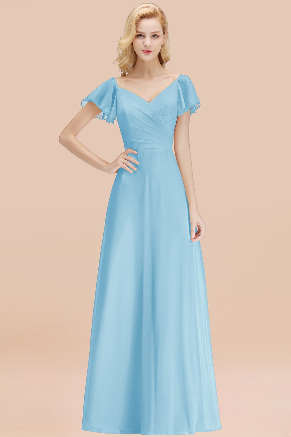 Elegent Short-Sleeve Long Bridesmaid Dresses Yellow Chiffon Wedding Party Dress - Fashionpara