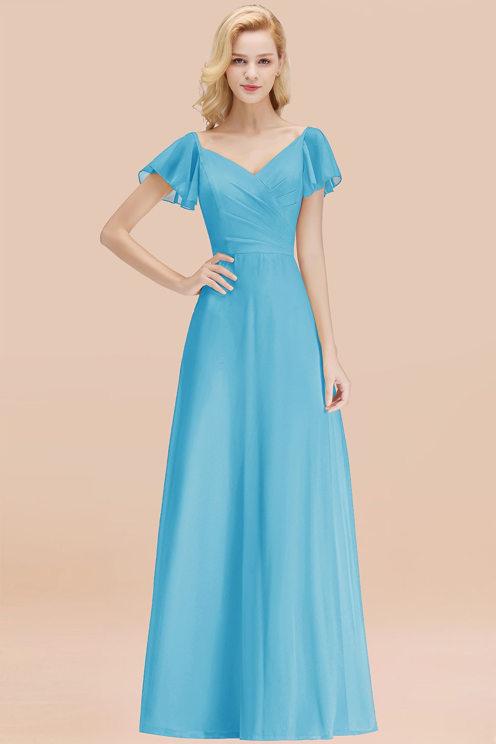 Elegent Short-Sleeve Long Bridesmaid Dresses Yellow Chiffon Wedding Party Dress - Fashionpara
