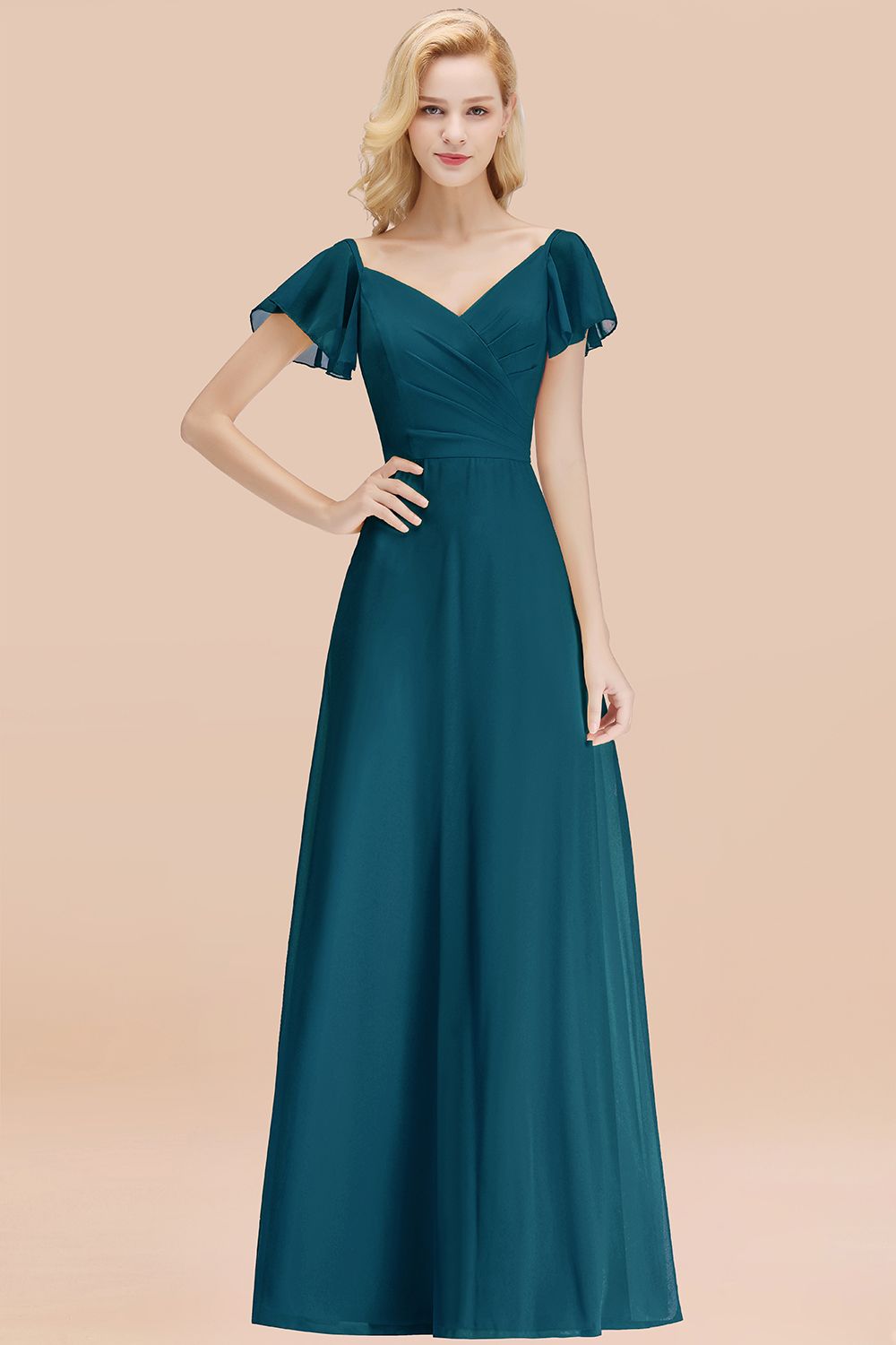 Elegent Short-Sleeve Long Bridesmaid Dresses Yellow Chiffon Wedding Party Dress - Fashionpara