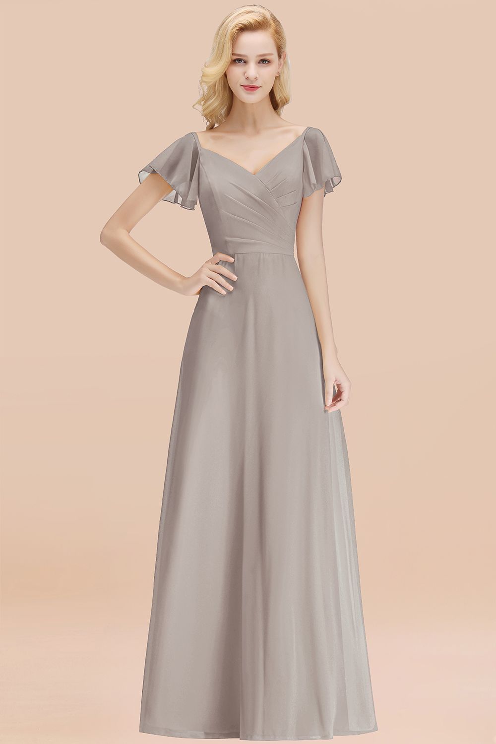 Elegent Short-Sleeve Long Bridesmaid Dresses Yellow Chiffon Wedding Party Dress - Fashionpara