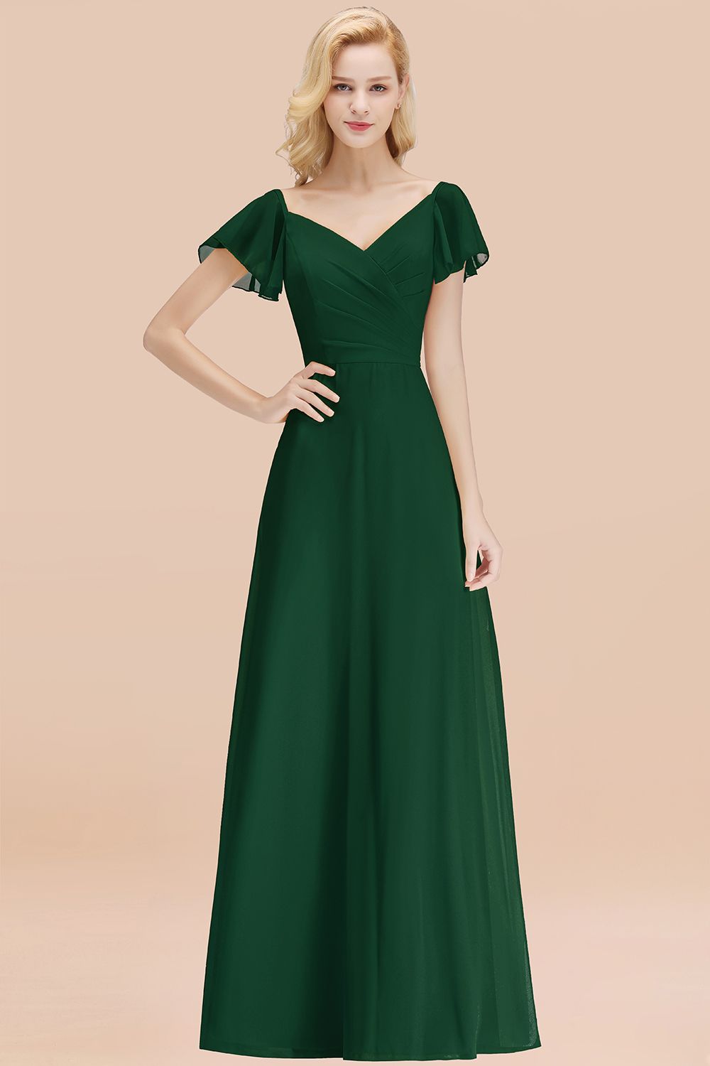 Elegent Short-Sleeve Long Bridesmaid Dresses Yellow Chiffon Wedding Party Dress - Fashionpara