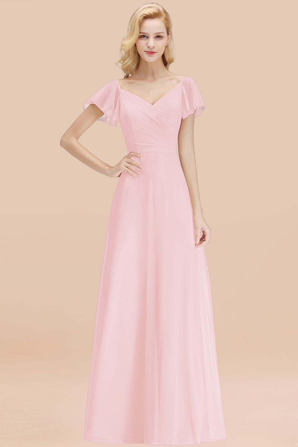 Elegent Short-Sleeve Long Bridesmaid Dresses Yellow Chiffon Wedding Party Dress - Fashionpara