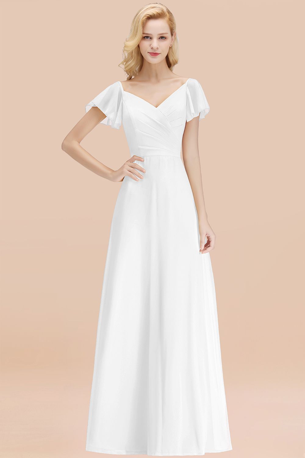 Elegent Short-Sleeve Long Bridesmaid Dresses Yellow Chiffon Wedding Party Dress - Fashionpara
