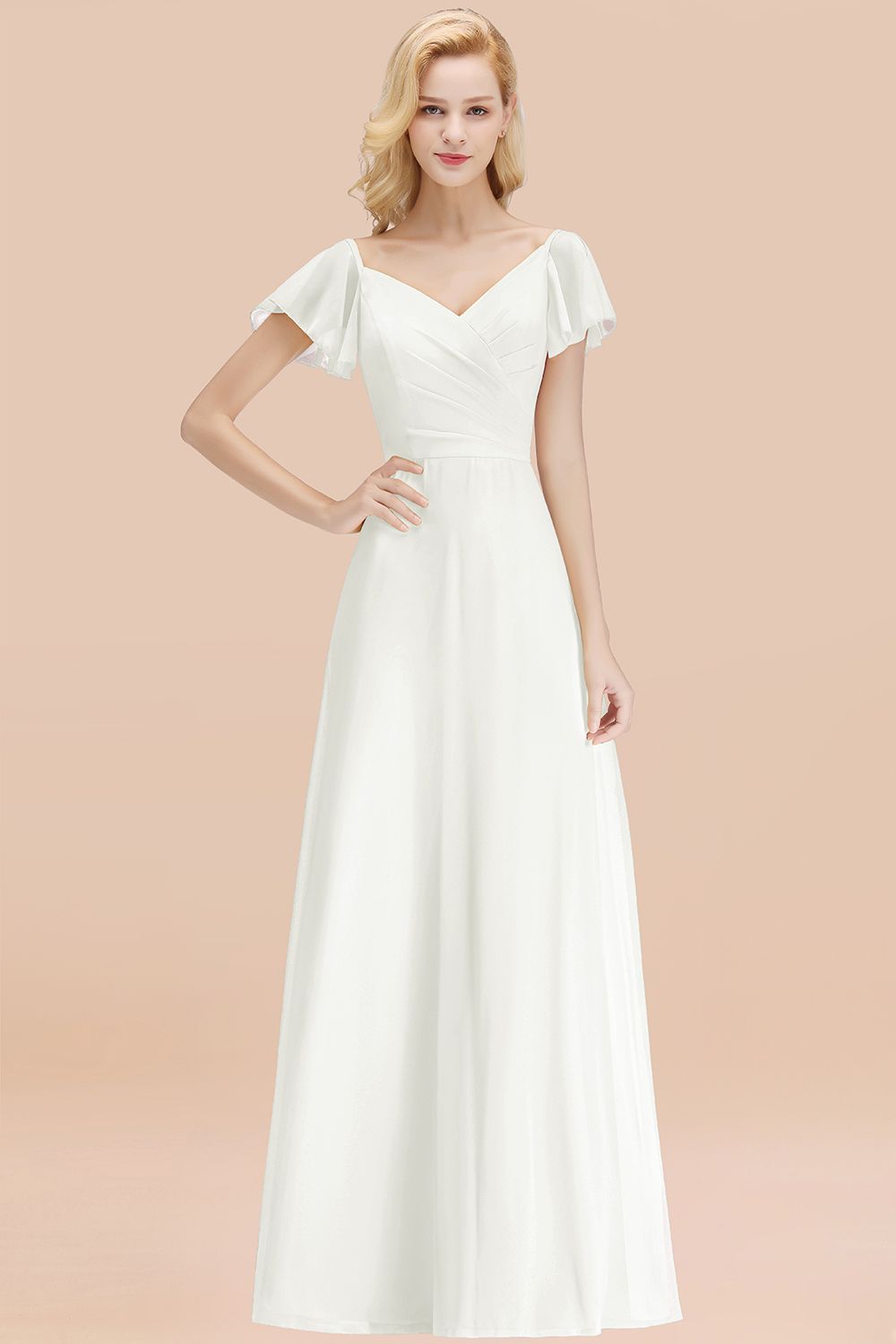 Elegent Short-Sleeve Long Bridesmaid Dresses Yellow Chiffon Wedding Party Dress - Fashionpara