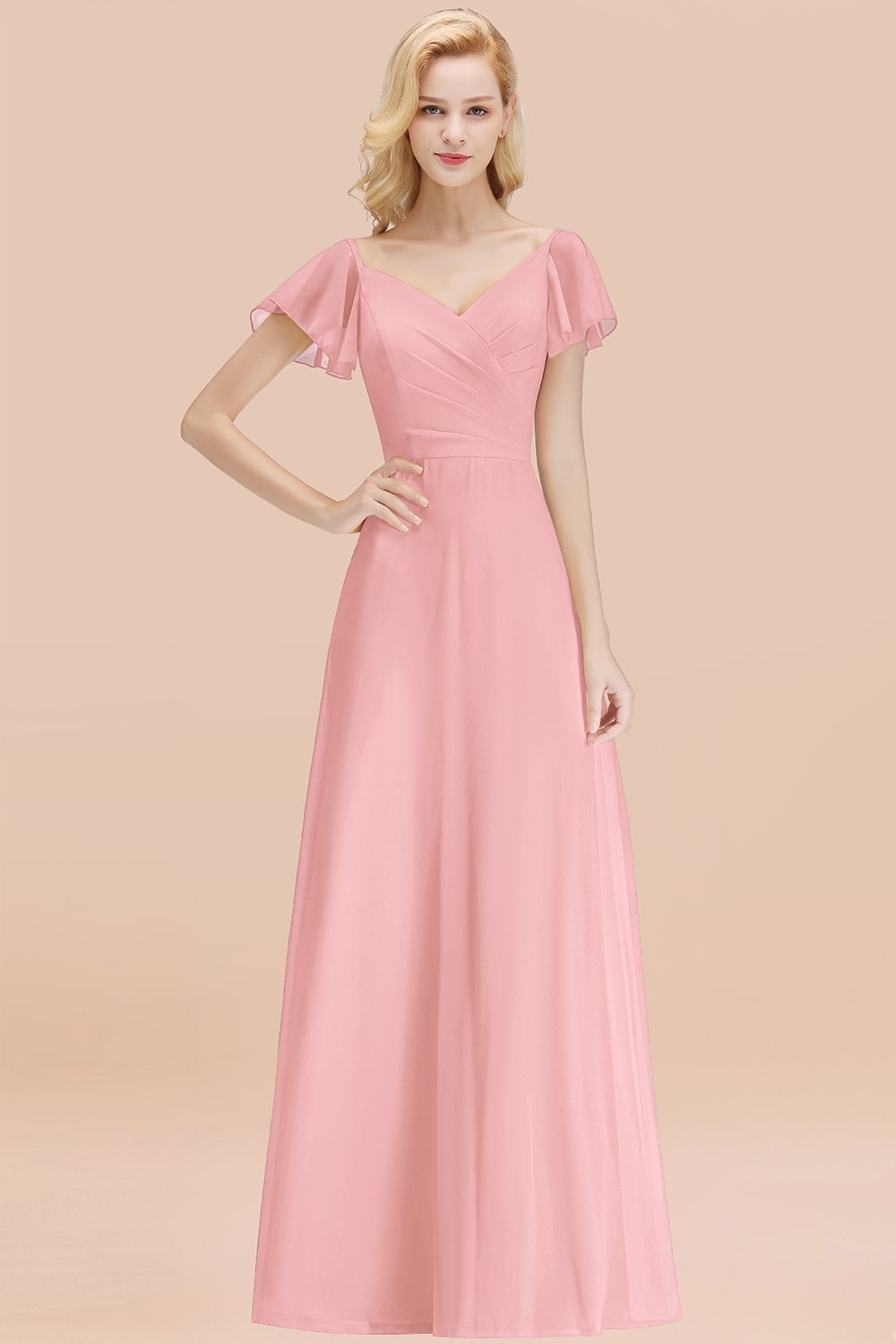Elegent Short-Sleeve Long Bridesmaid Dresses Yellow Chiffon Wedding Party Dress - Fashionpara