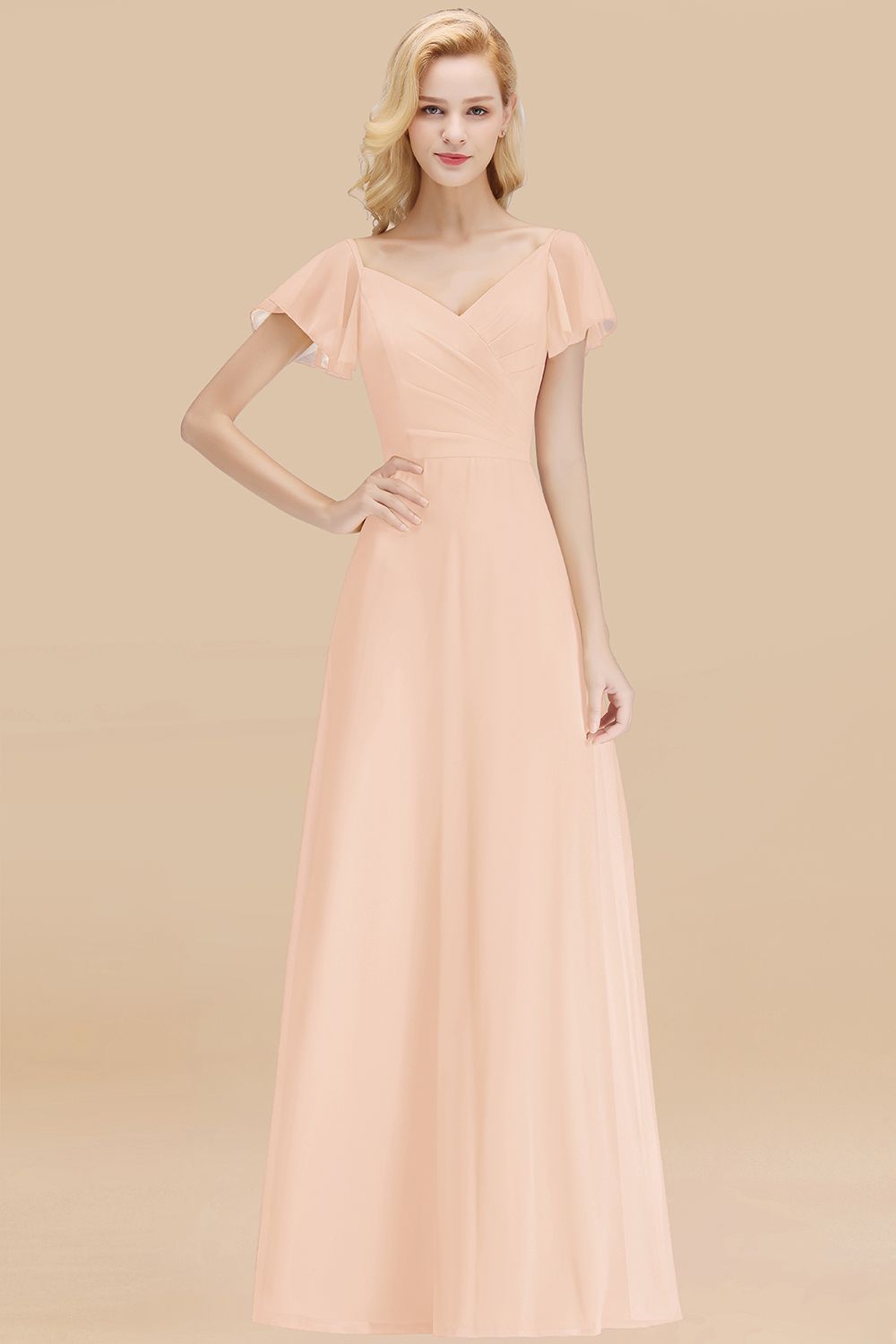 Elegent Short-Sleeve Long Bridesmaid Dresses Yellow Chiffon Wedding Party Dress - Fashionpara