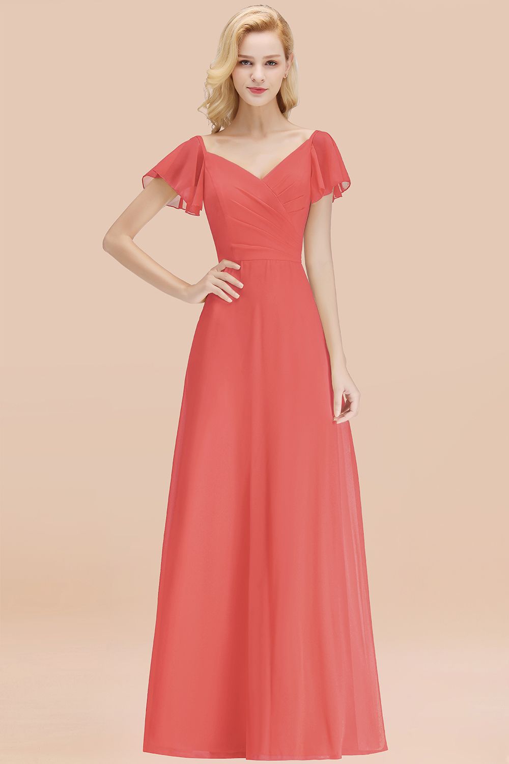 Elegent Short-Sleeve Long Bridesmaid Dresses Yellow Chiffon Wedding Party Dress - Fashionpara