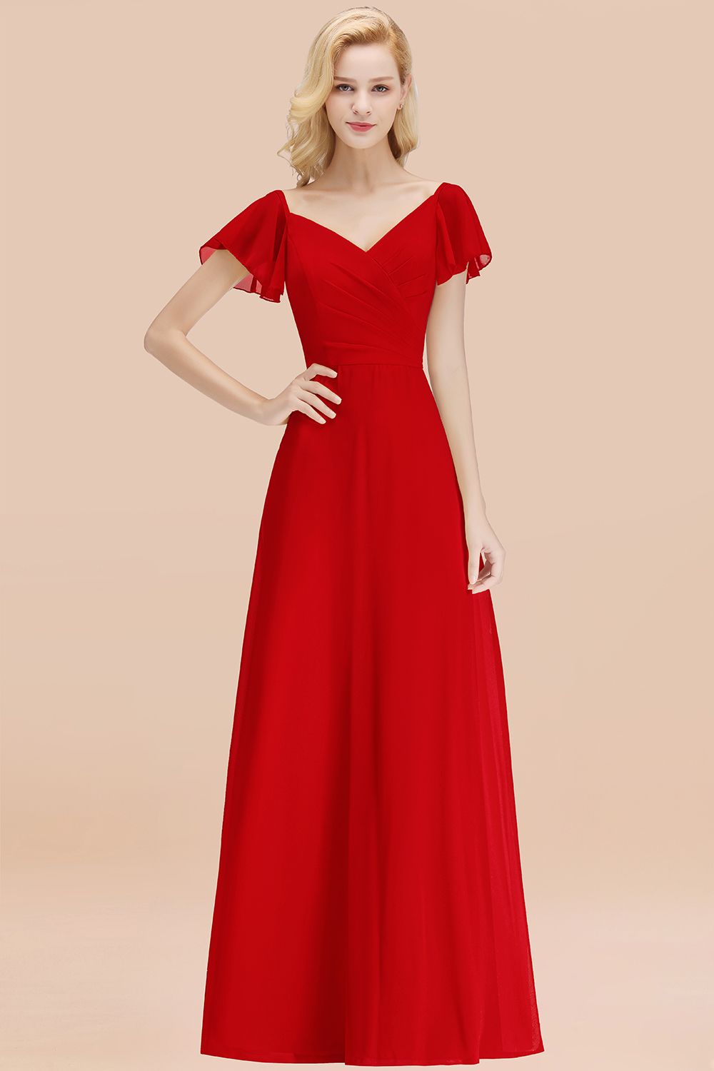 Elegent Short-Sleeve Long Bridesmaid Dresses Yellow Chiffon Wedding Party Dress - Fashionpara