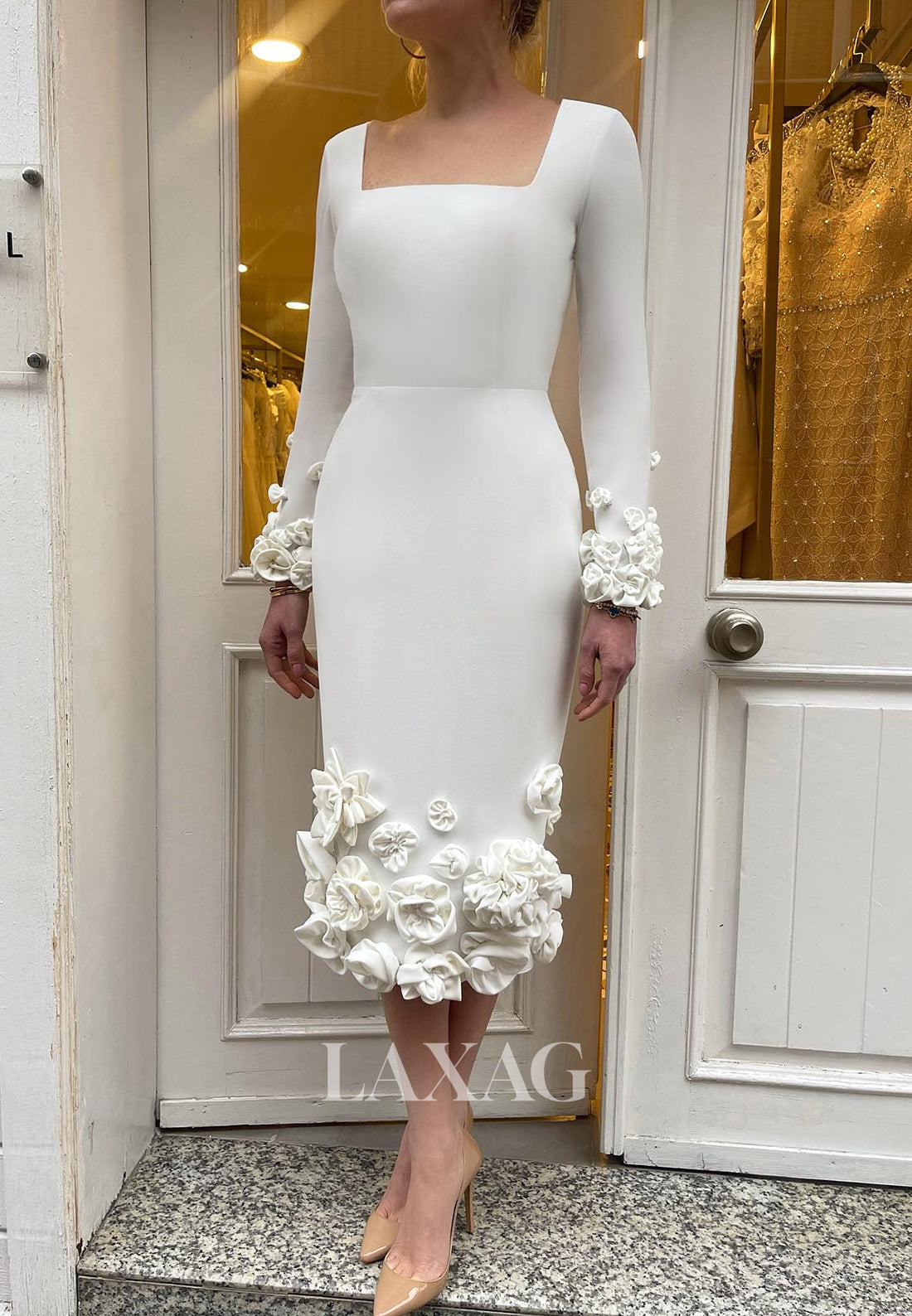 Square-Neck Embellished Ankle-Length Bride Gowns Floral Long-Sleeves Satin Mermaid Wedding Dress