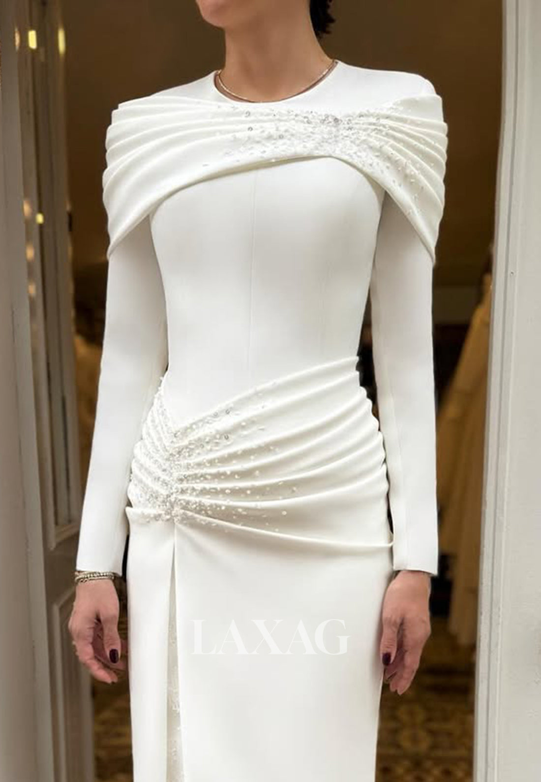 Scoop-Neck Long-Sleeves Mermaid Wedding Dress Beaded Pleated Satin Floor-Length Bride Gowns