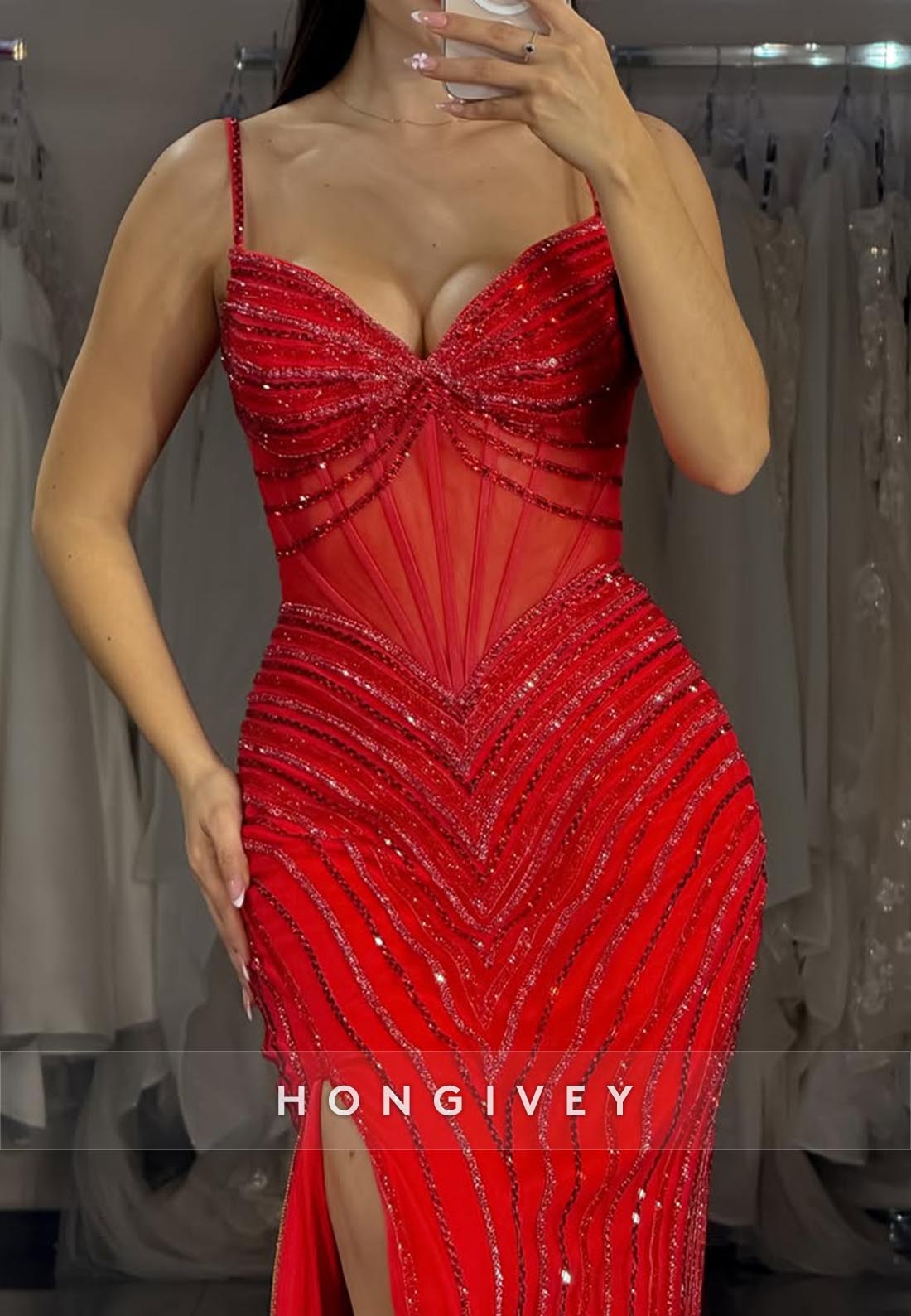 Spaghetti Straps Sexy and Sleek Red Mermaid Long Prom Dresses with Split