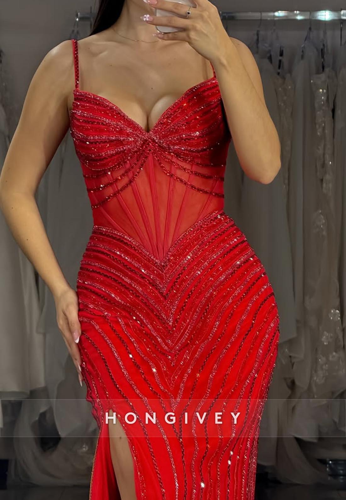Spaghetti Straps Sexy and Sleek Red Mermaid Long Prom Dresses with Split