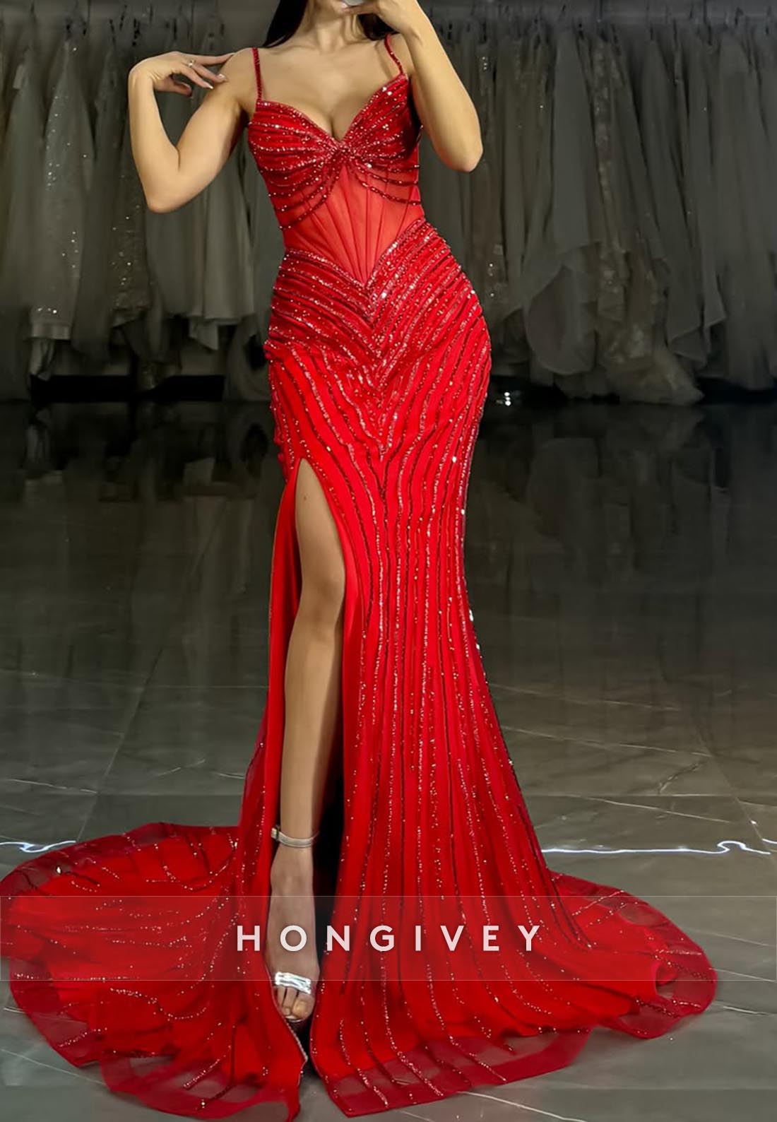 Spaghetti Straps Sexy and Sleek Red Mermaid Long Prom Dresses with Split