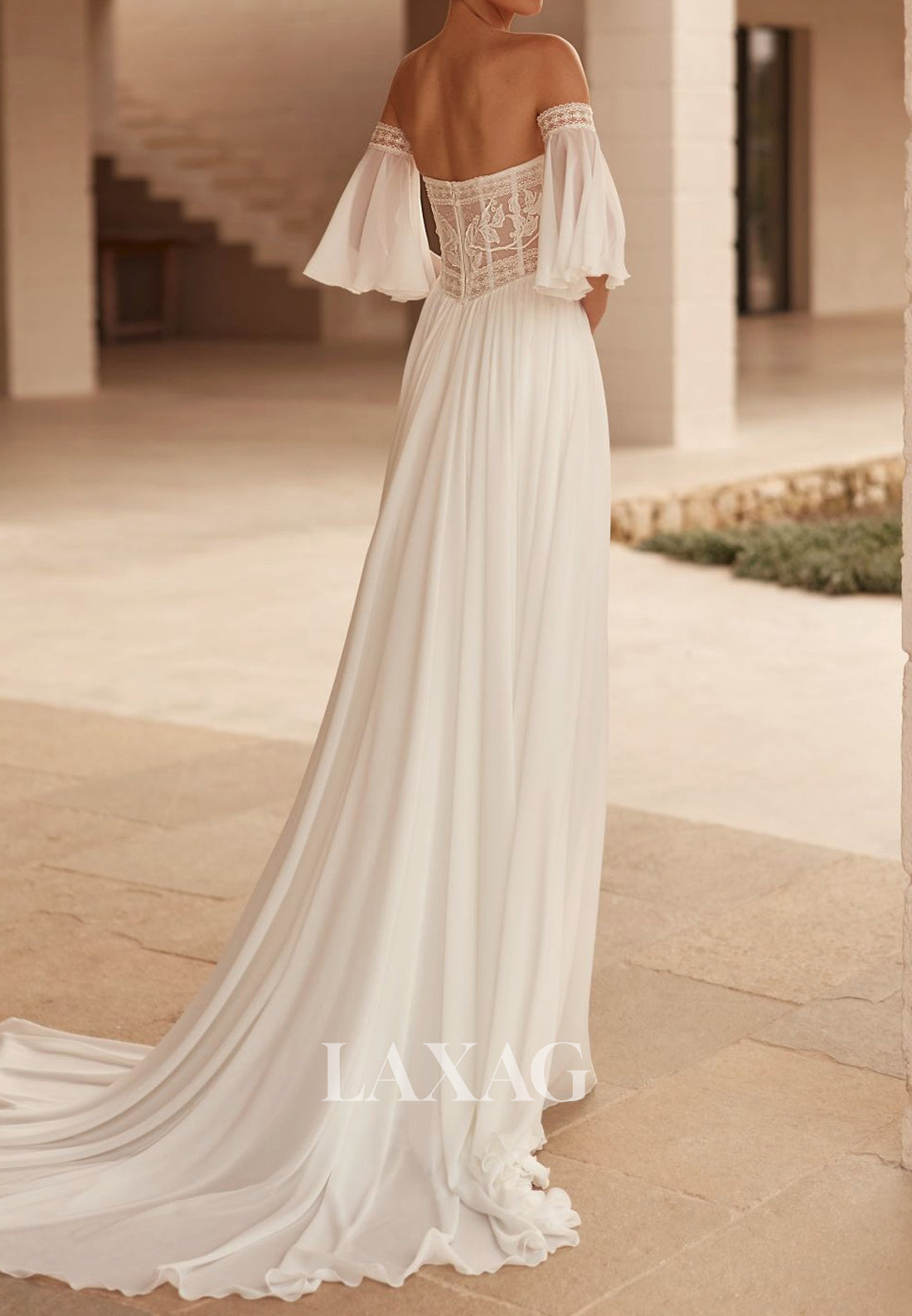 Sweetheart Half-Sleeves Applique Pleated Chiffon A-Line Wedding Dress with High Slit