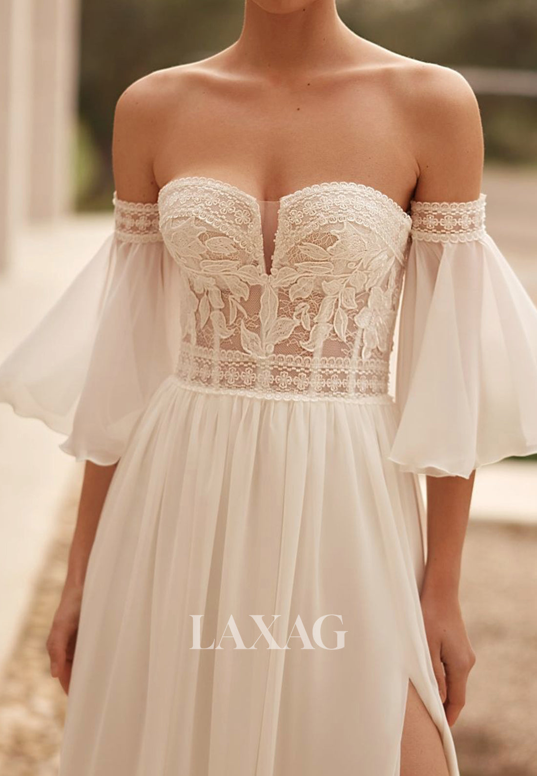 Sweetheart Half-Sleeves Applique Pleated Chiffon A-Line Wedding Dress with High Slit