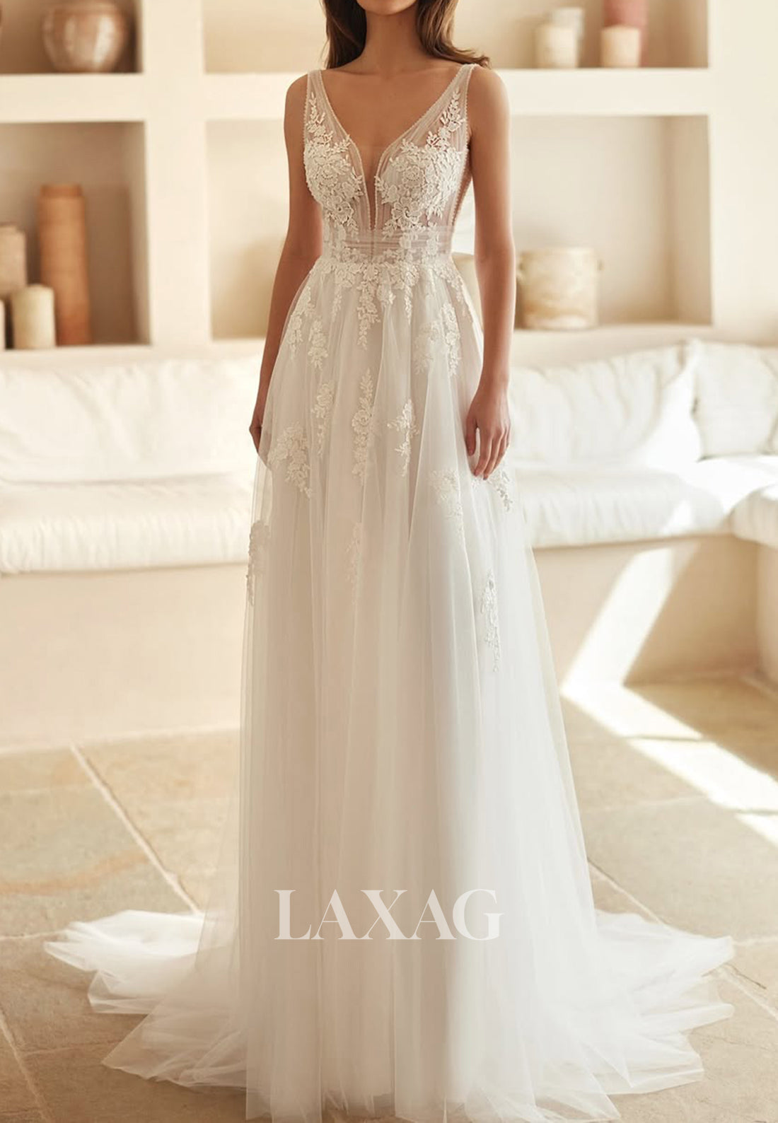 Deep V-Neck Straps Sleeveless A-Line Wedding Dress Applique Pleated Tulle Bride Gowns