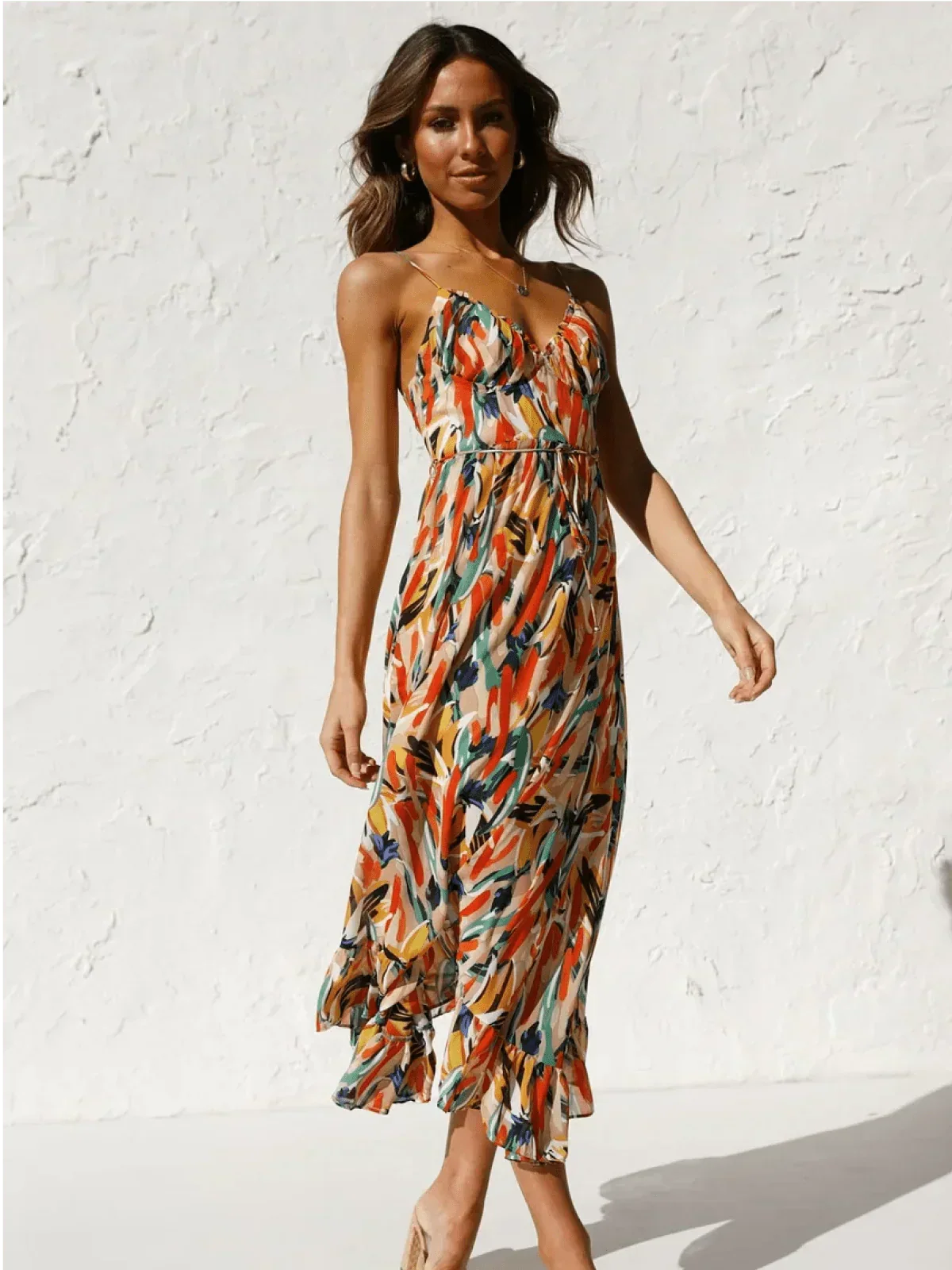 Abstract Print Spaghetti Strap V-Neck Tiered Midi Dress 5
