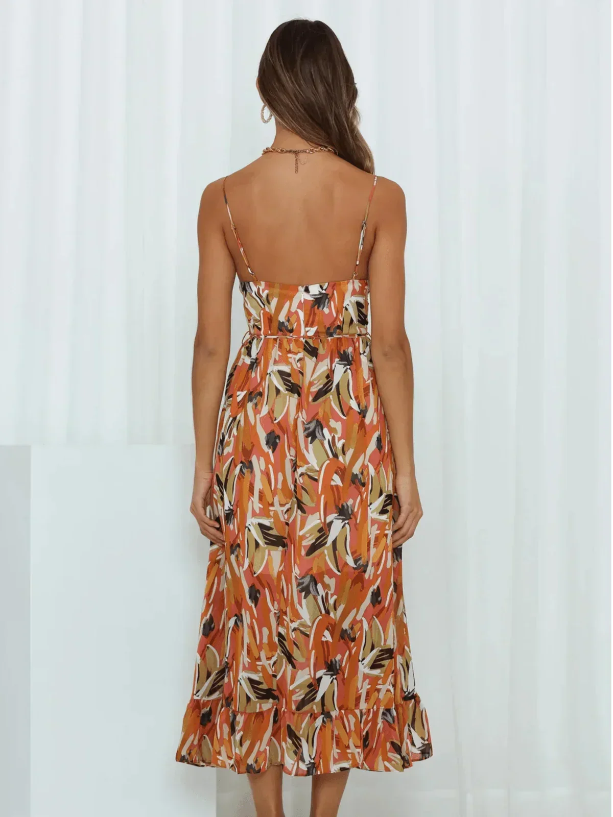 Abstract Print Spaghetti Strap V-Neck Tiered Midi Dress 14
