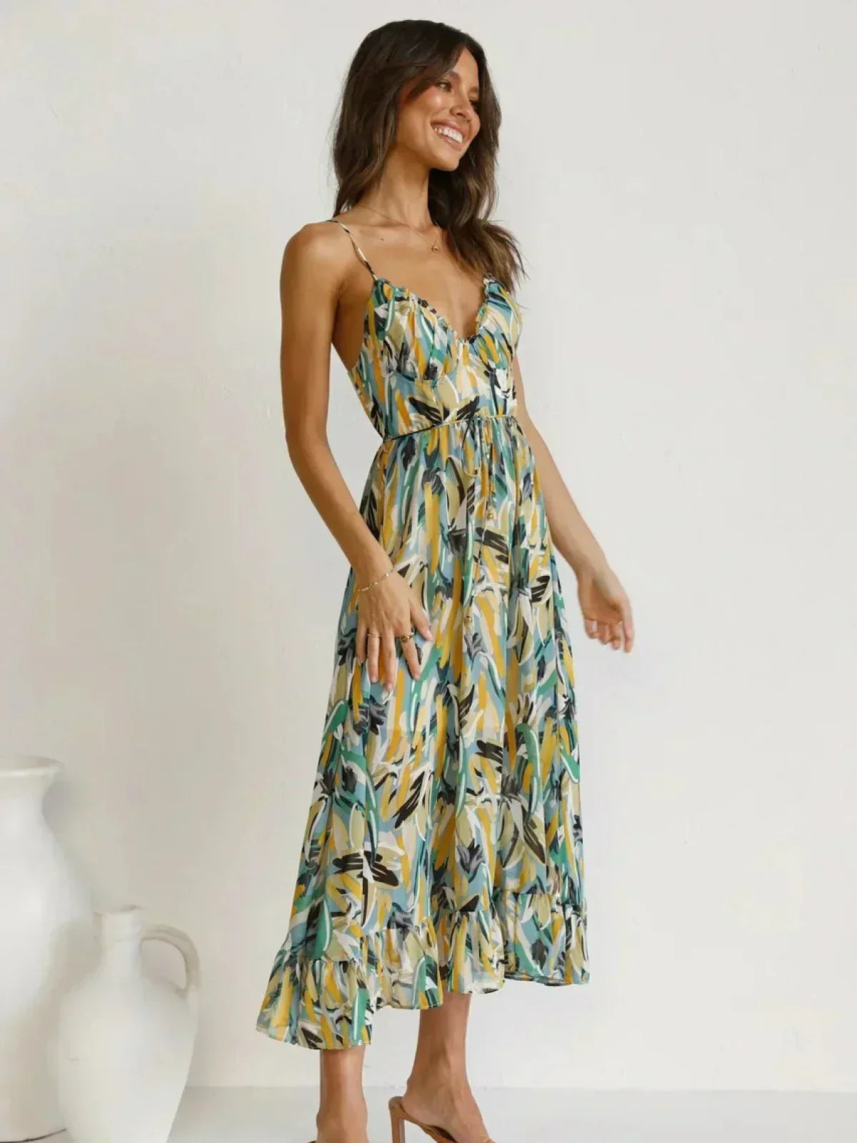 Abstract Print Spaghetti Strap V-Neck Tiered Midi Dress 10