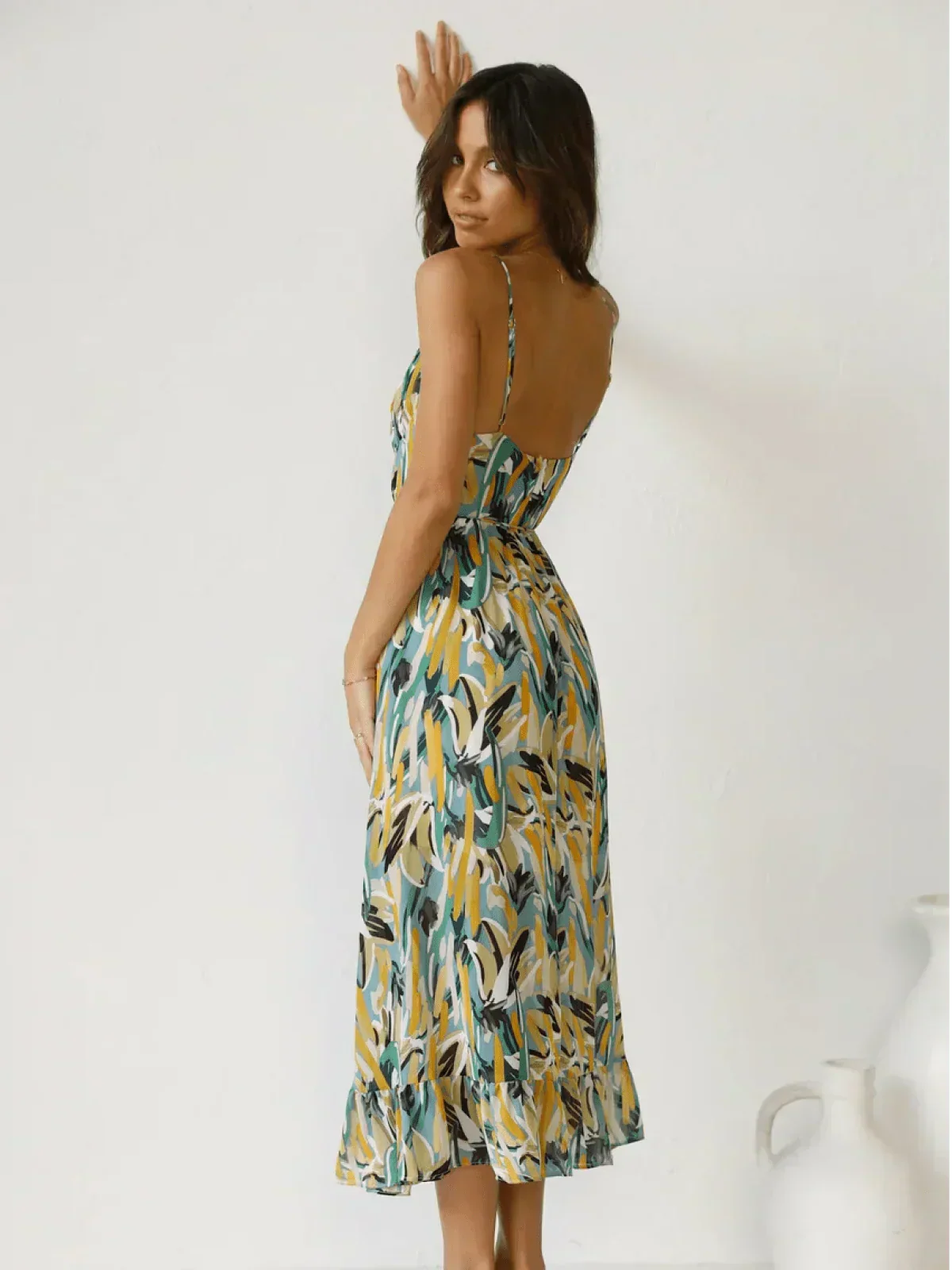 Abstract Print Spaghetti Strap V-Neck Tiered Midi Dress 9