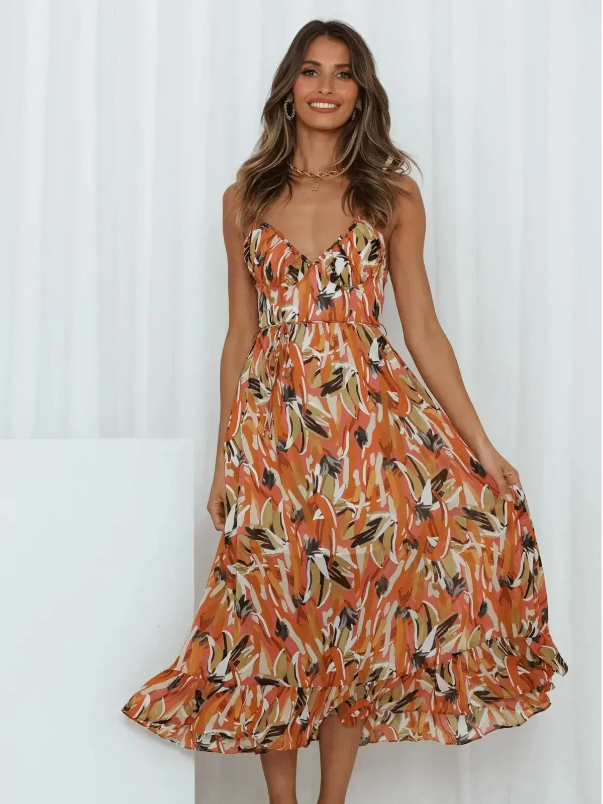 Abstract Print Spaghetti Strap V-Neck Tiered Midi Dress 15