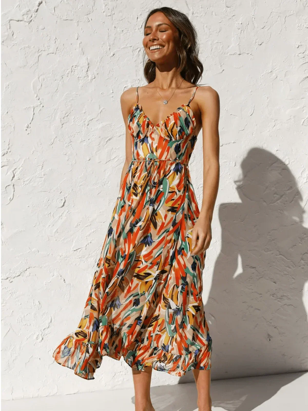 Abstract Print Spaghetti Strap V-Neck Tiered Midi Dress 3