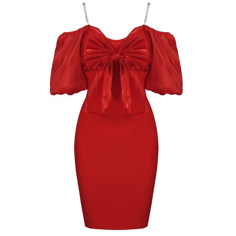 KittenAlarm - Elliana Cold Shoulder Puff Sleeve Bow-tie Decor Solid Dress