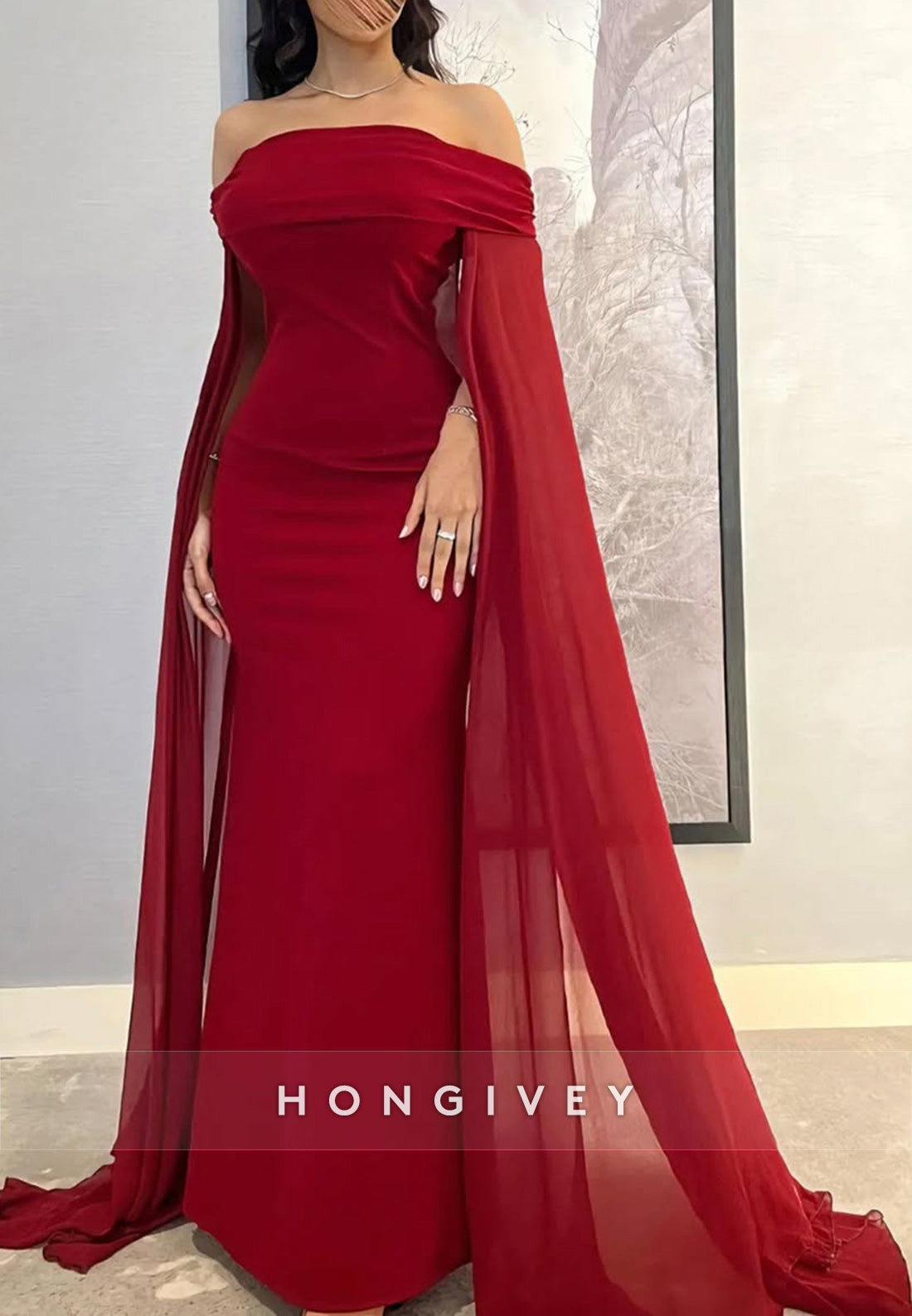 Red Column Off the Shoulder Floor-Length Evening Formal Dresses