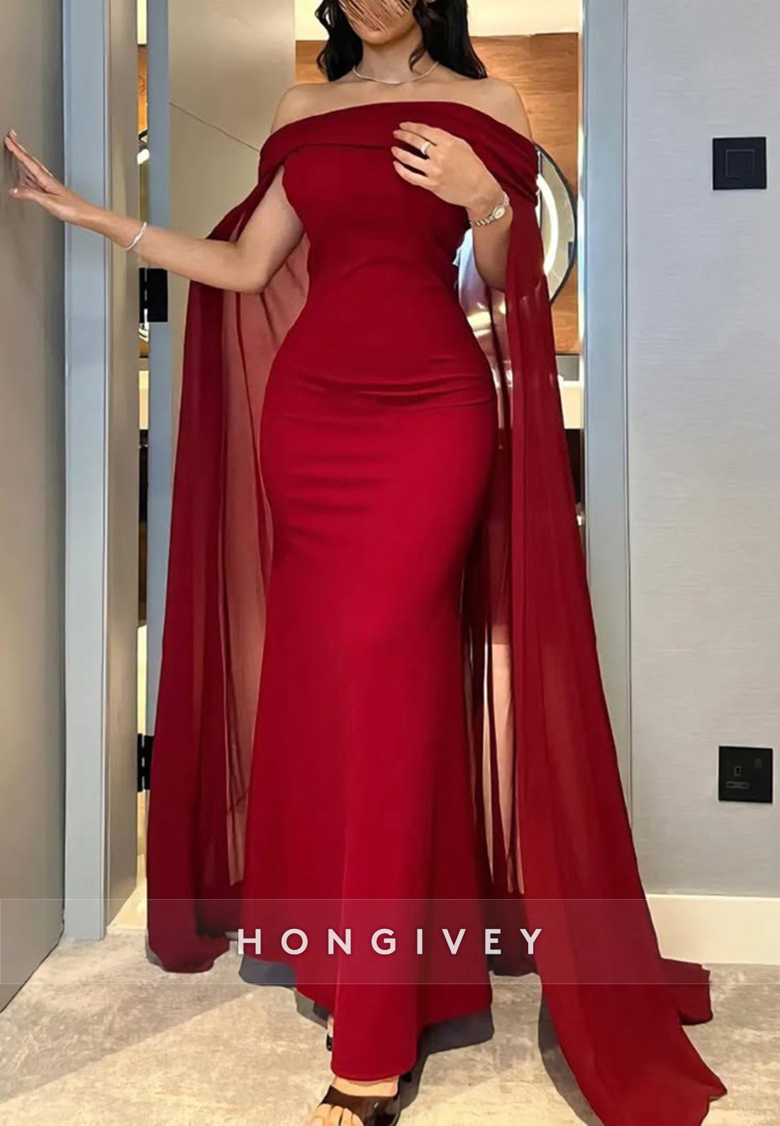 Red Column Off the Shoulder Floor-Length Evening Formal Dresses