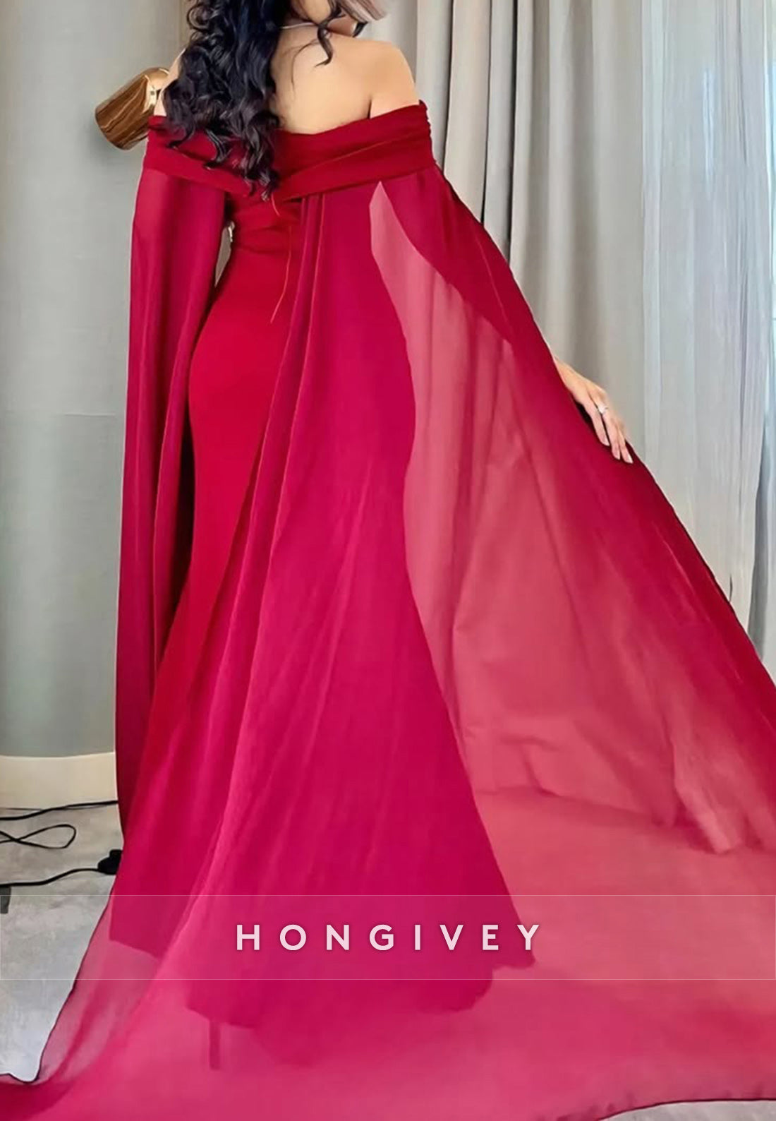 Red Column Off the Shoulder Floor-Length Evening Formal Dresses