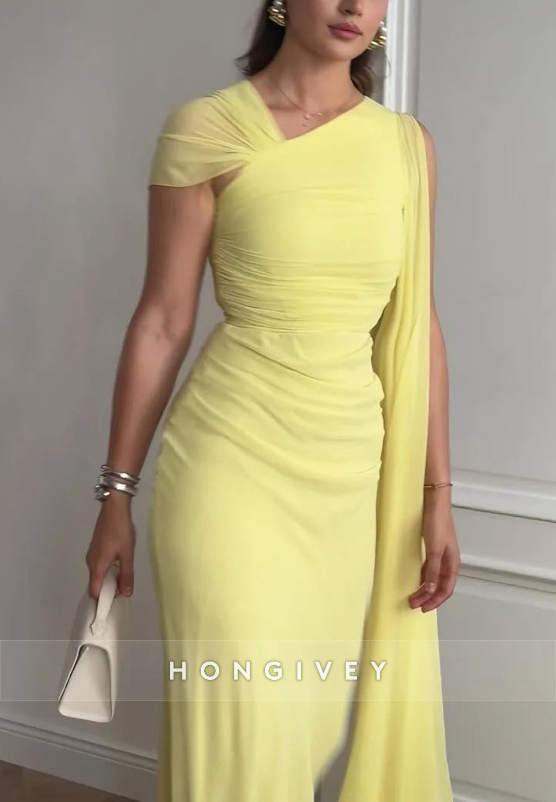 Yellow Asymmetrical Neck Column Pleated Evening Formal Dresses - Fashionpara