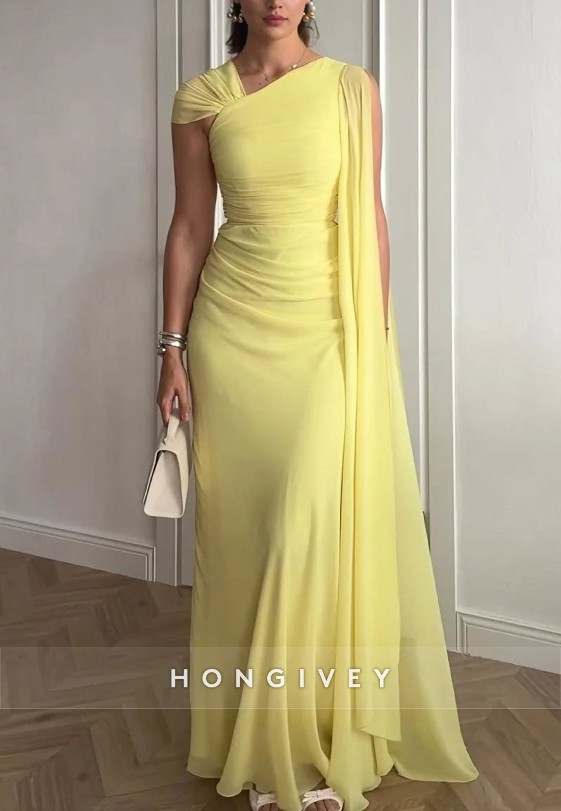 Yellow Asymmetrical Neck Column Pleated Evening Formal Dresses - Fashionpara