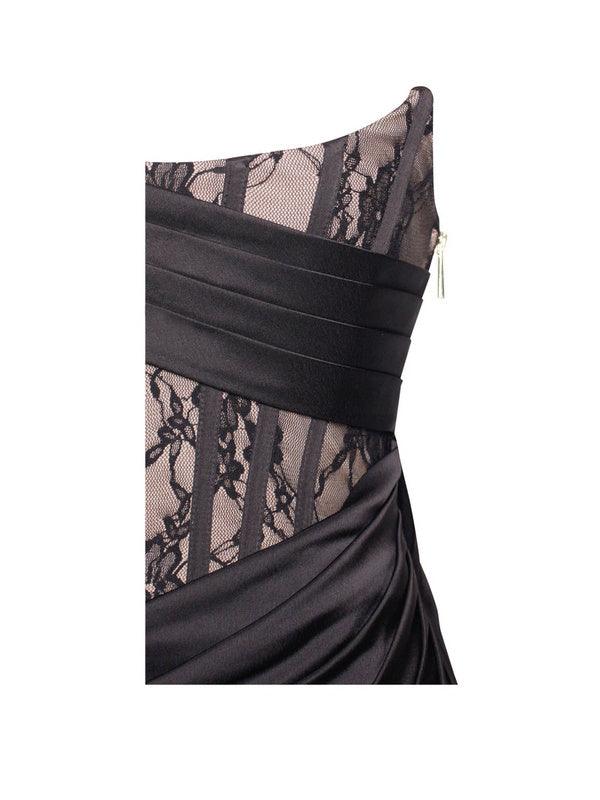 Ember Black Lace Satin Corset High Slit Gown - Fashionpara