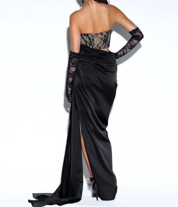 Ember Black Lace Satin Corset High Slit Gown - Fashionpara