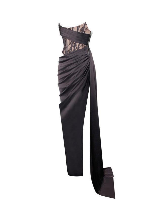 Ember Black Lace Satin Corset High Slit Gown - Fashionpara