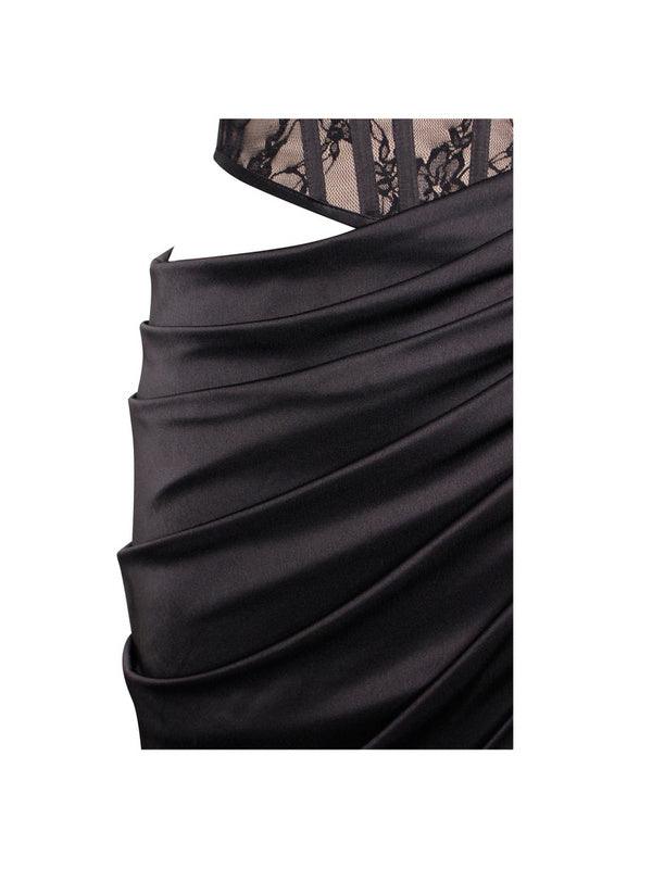KittenAlarm - Ember Black Lace Satin Corset High Slit Gown