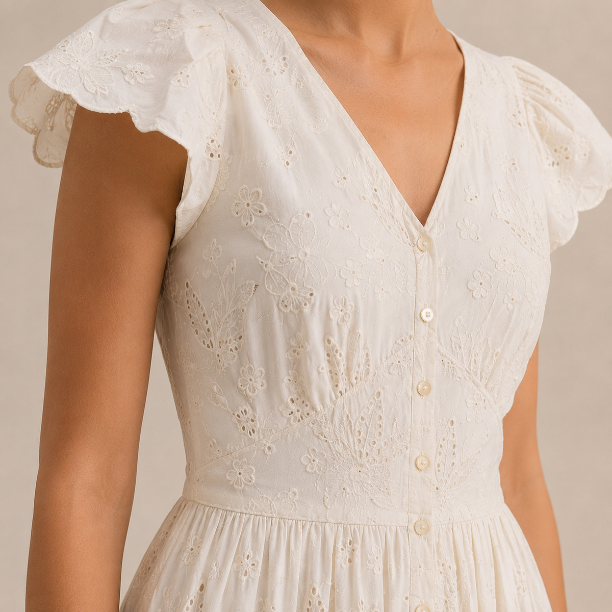 V-Neck Flutter Sleeve Button Front Eyelet Lace Midi Dress 2