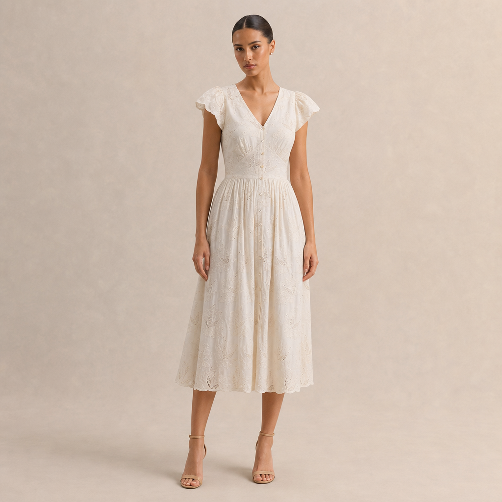 V-Neck Flutter Sleeve Button Front Eyelet Lace Midi Dress